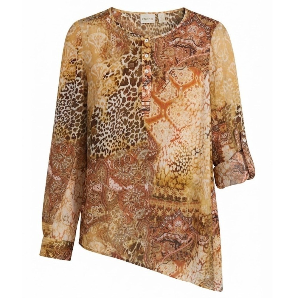 Chicos Mixed Animal Paisley Large Tunic Shirt Brown Asymmetrical Hem Size 2 L